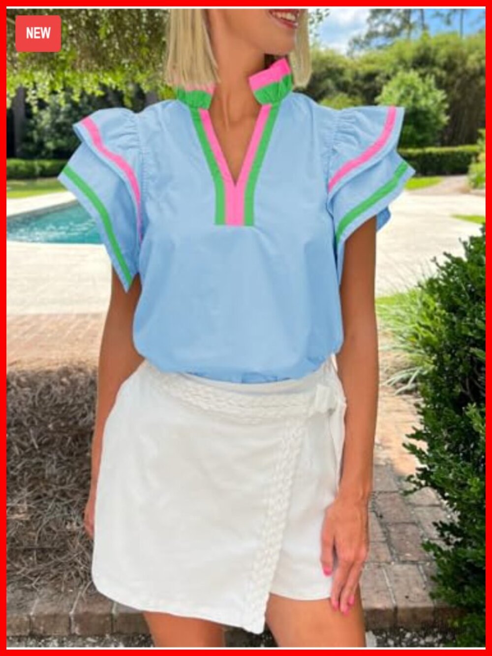 Ruffle Cap Sleeve Color Block V Neck Blouse Summer Pleated Loose Fit Tunic Top - Picture 3 of 6